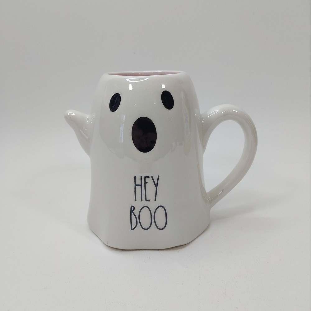 Rae Dunn Iridescent White Halloween "HEY BOO" Ghost Mug Pink Interior Cute